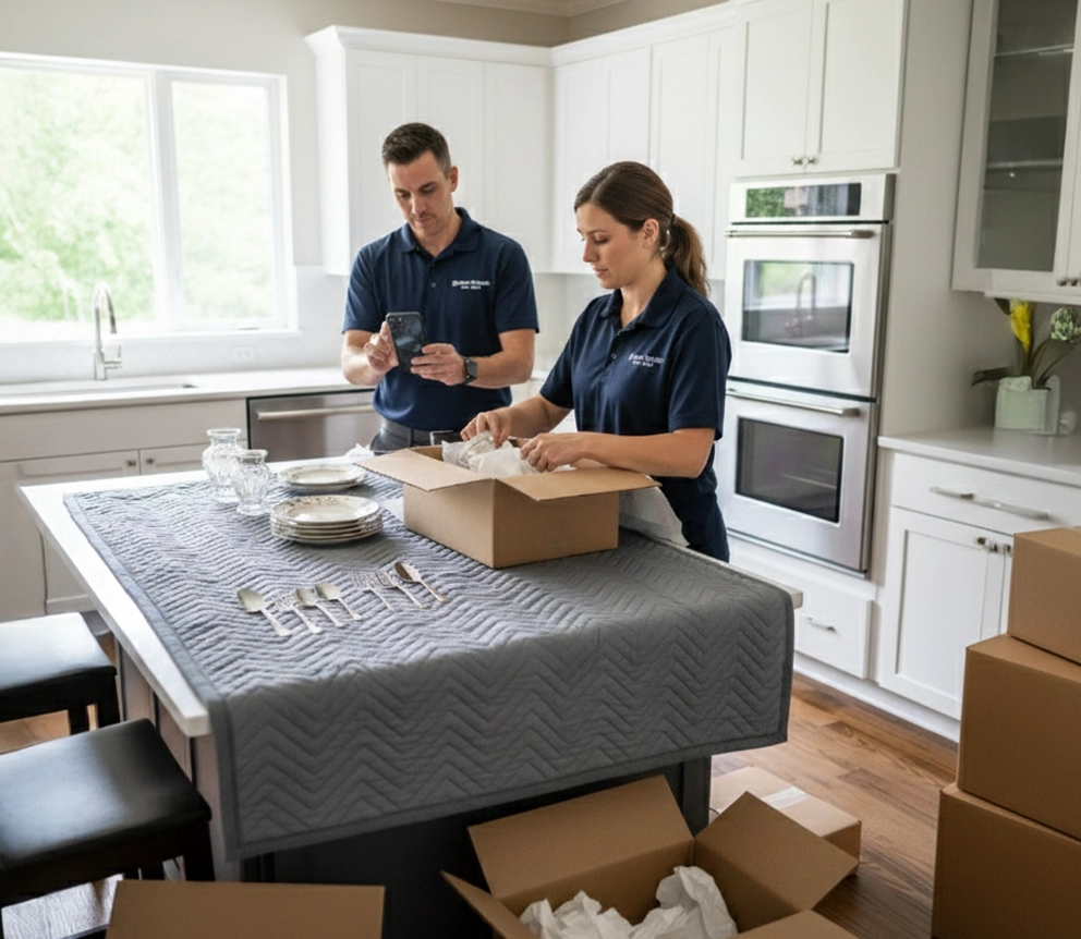 Technicians packing out contents from a kitchen