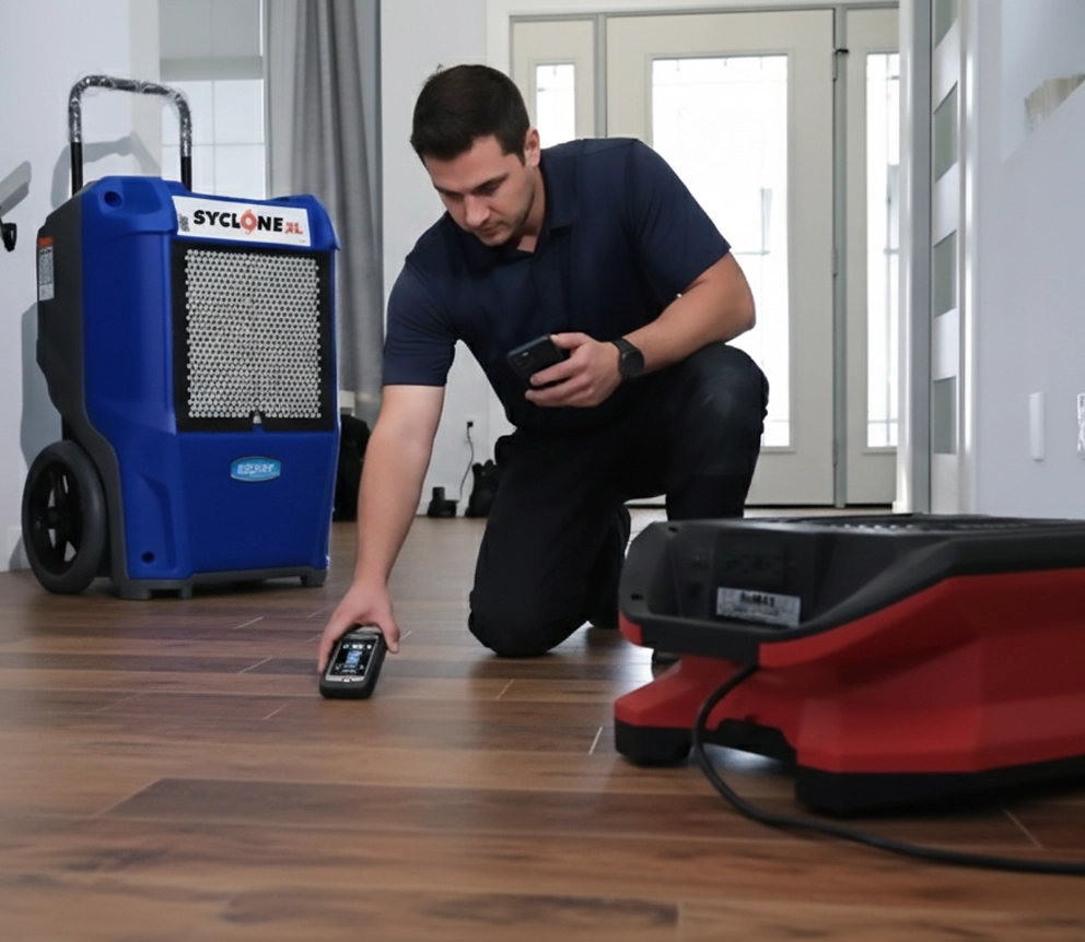 Technician checking a dehumidifier during water mitigation