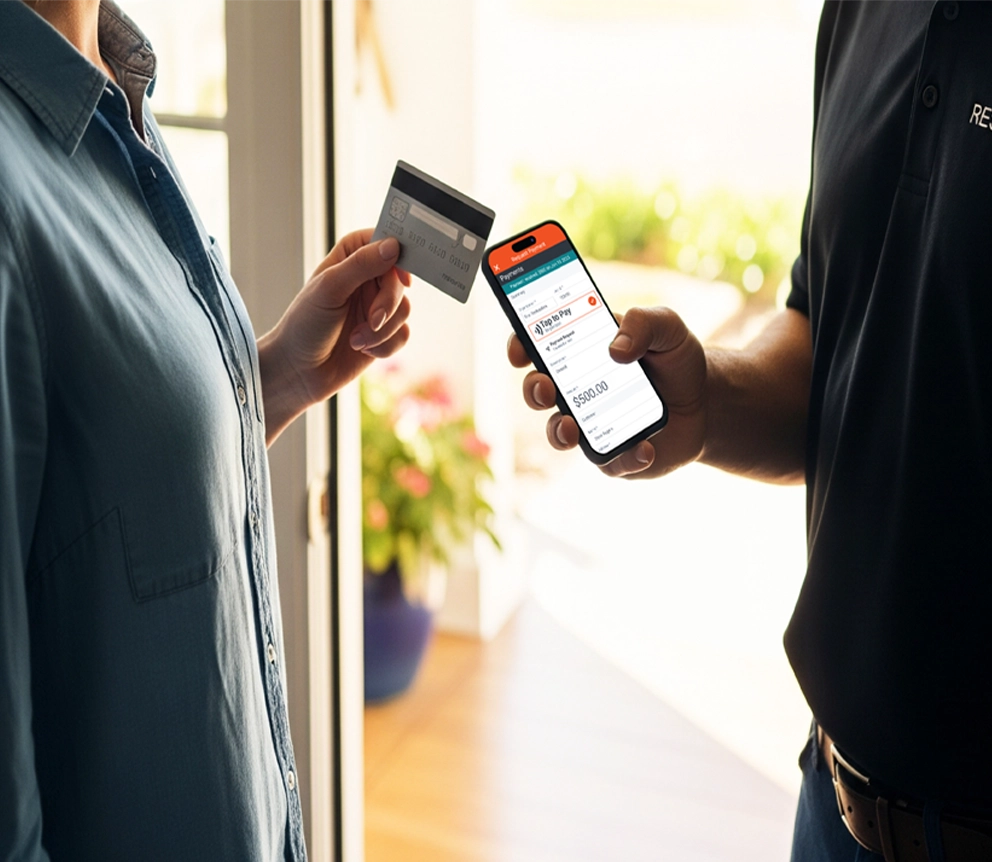 Technician taking a card payment in the field on their phone