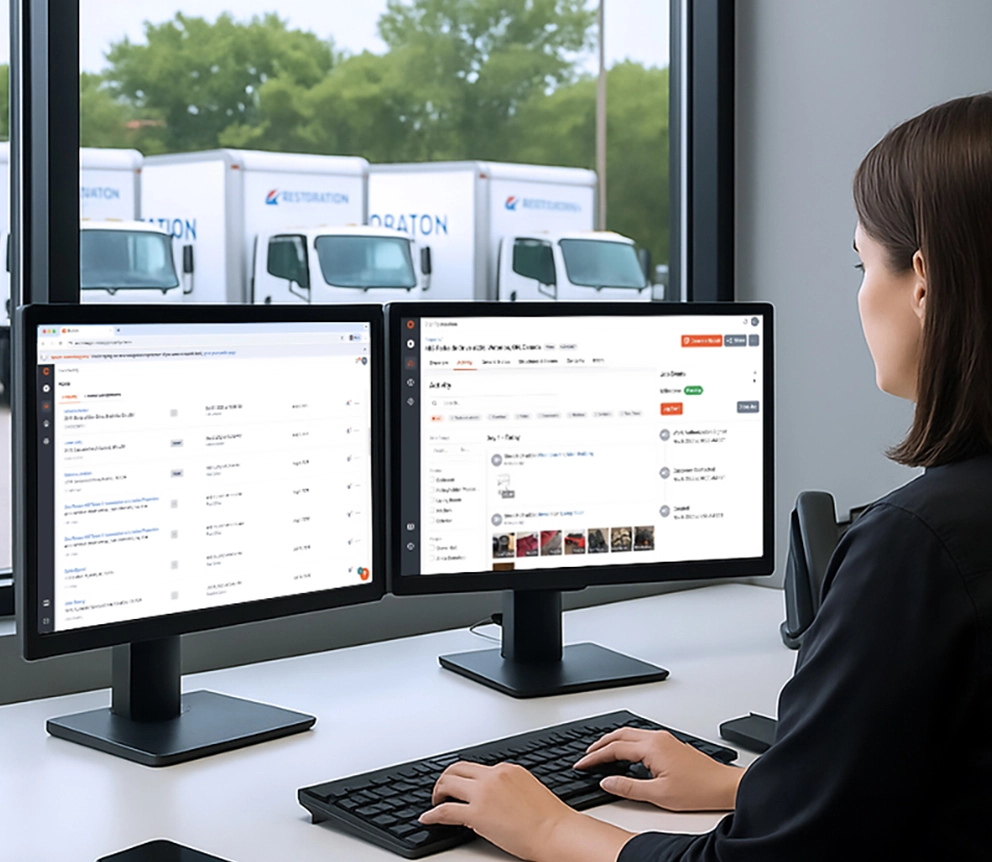 Restoration company admin reviewing a claim on dual monitors