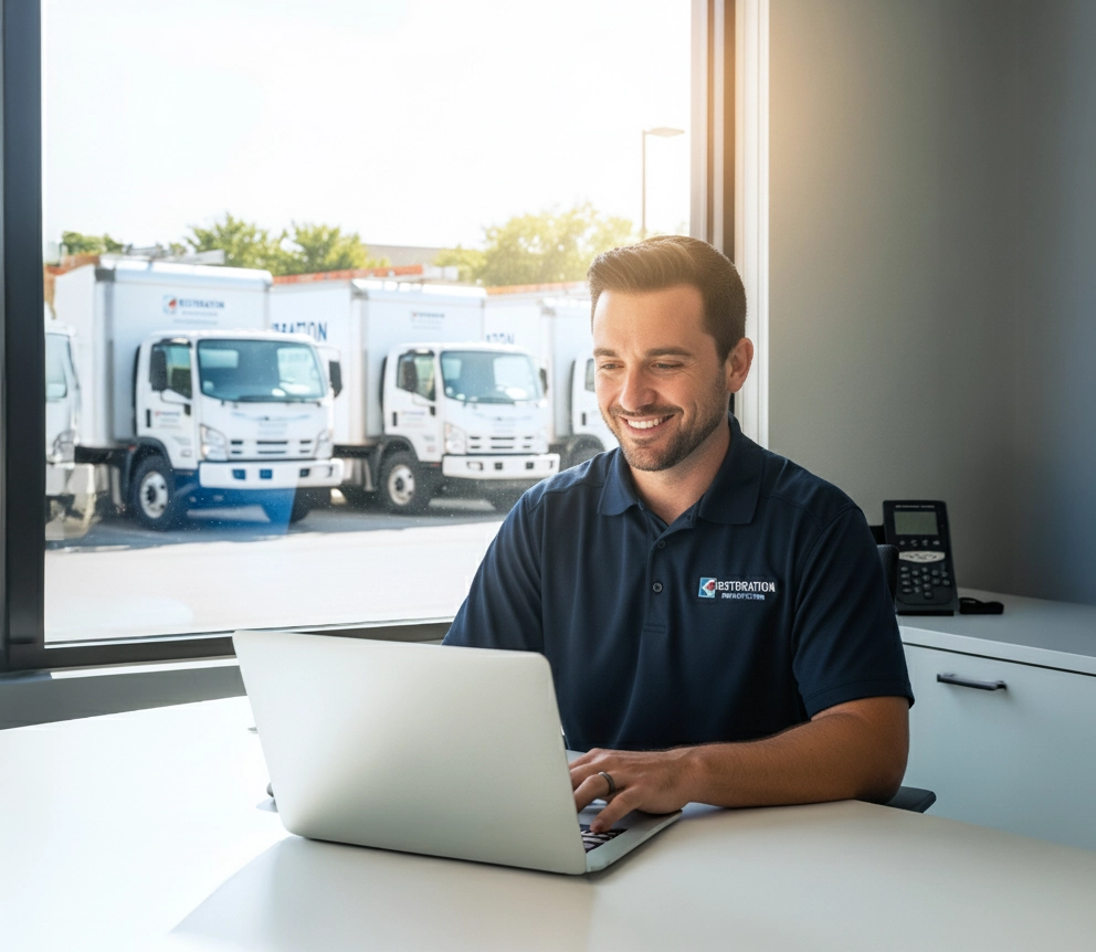 Restoration company admin at a desk with the company's fleet trucks visible outside the window