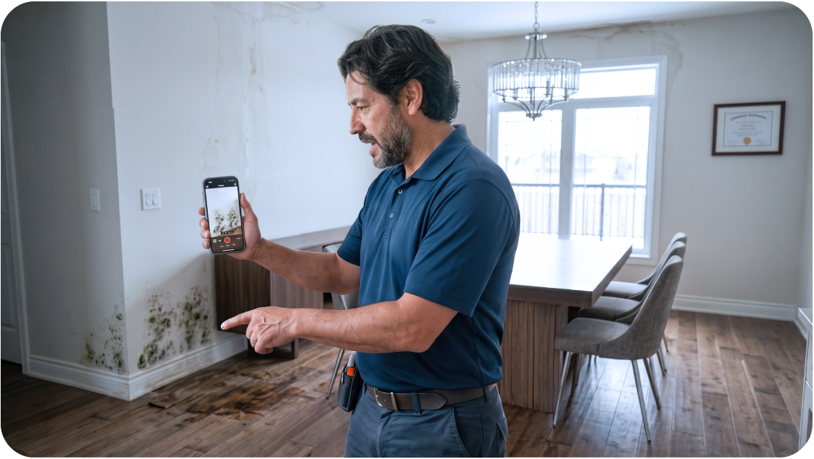 Restoration tech documenting damage in the field