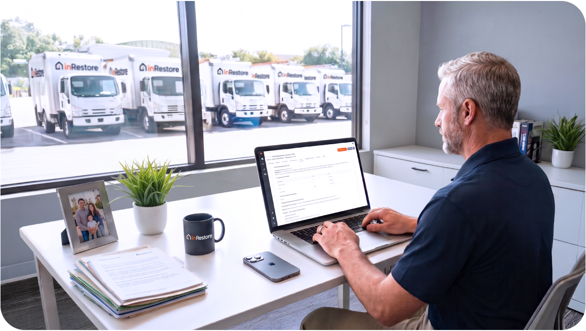 Restoration estimator reviewing the report in office