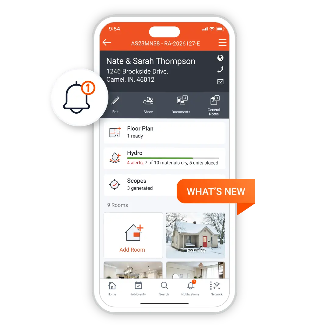 Encircle mobile app showing an active restoration job, with a What's New notification